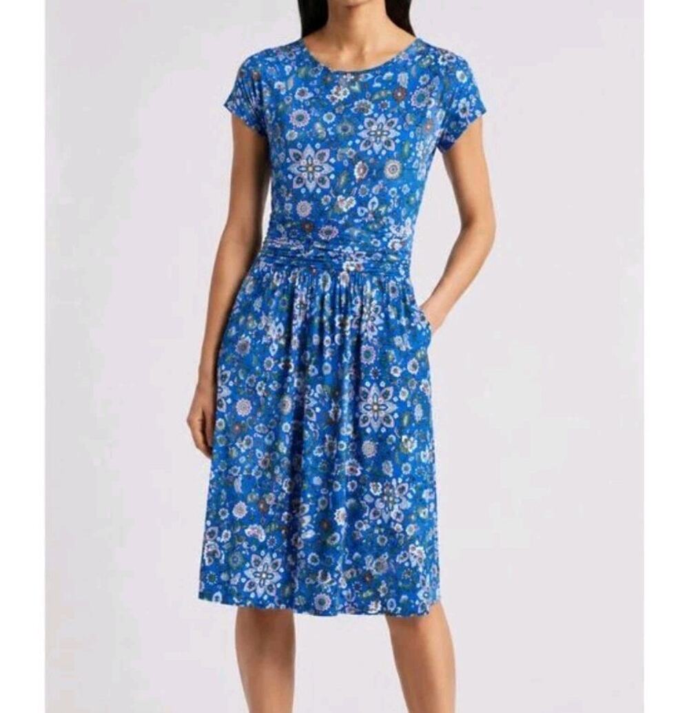 Boden Amelie Jersey Dress 12R Indigo Botanical Sprig Blue Floral Midi Pockets